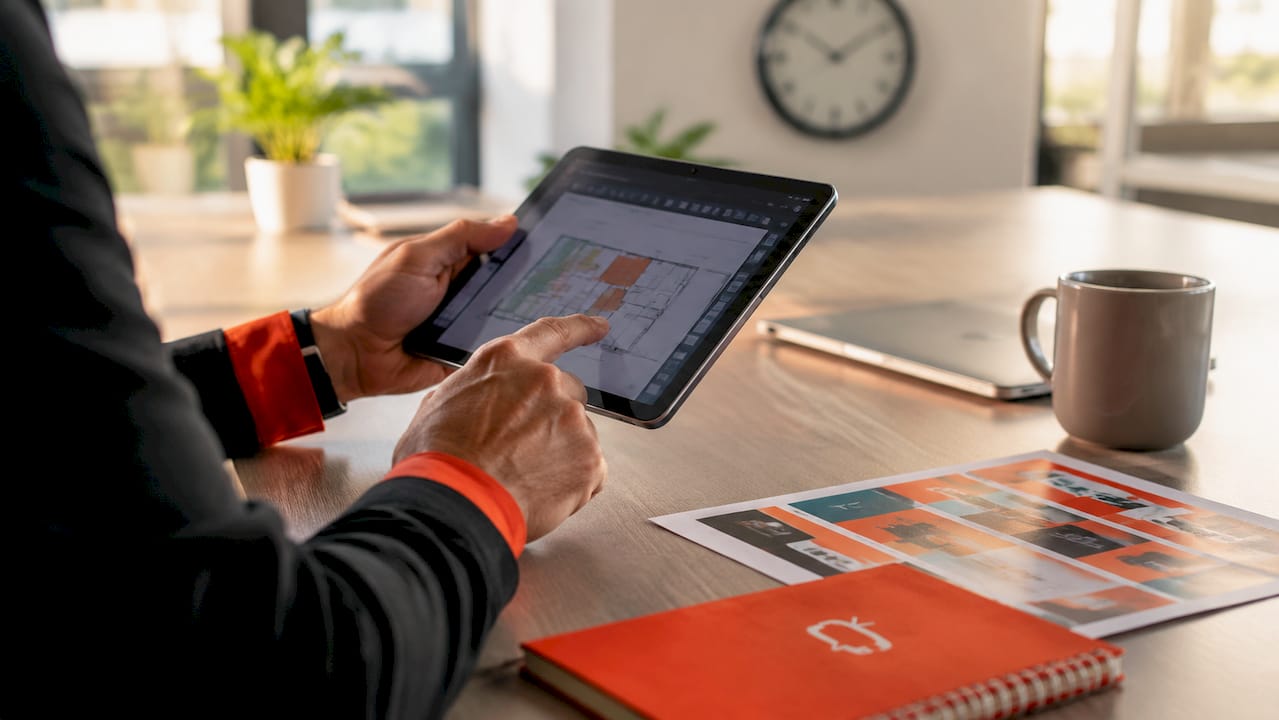 Hands using tablet for retail display planning