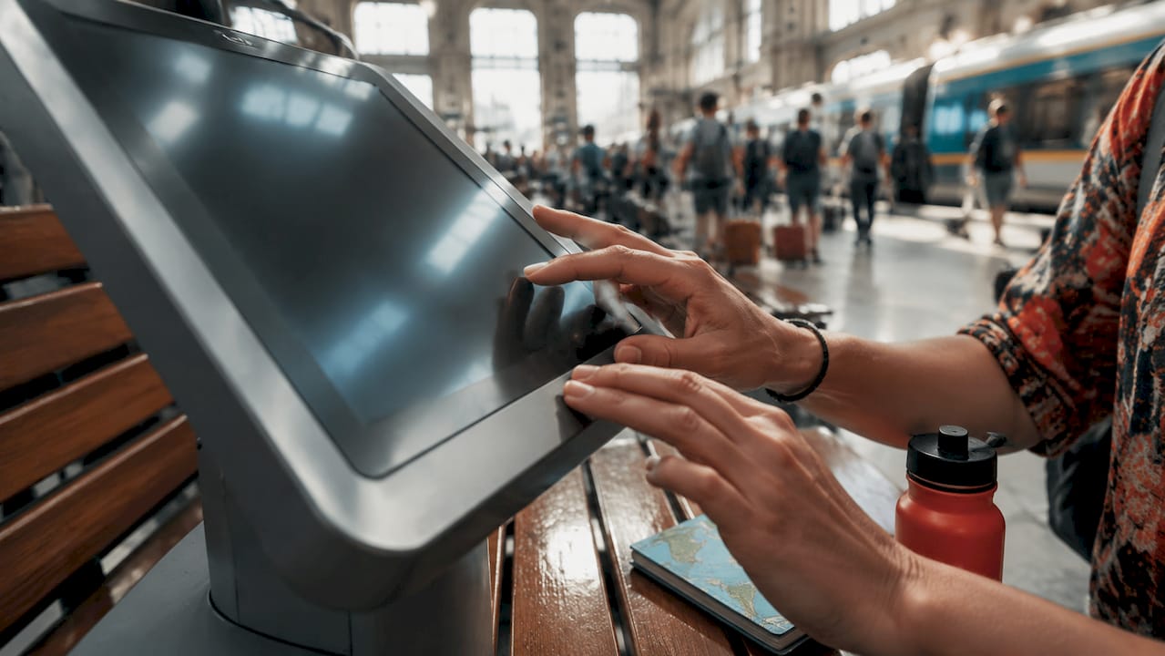 Close-up of hands using touchscreen kiosk