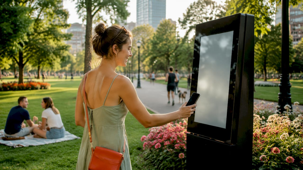 Tourist scanning QR code on outdoor digital screen