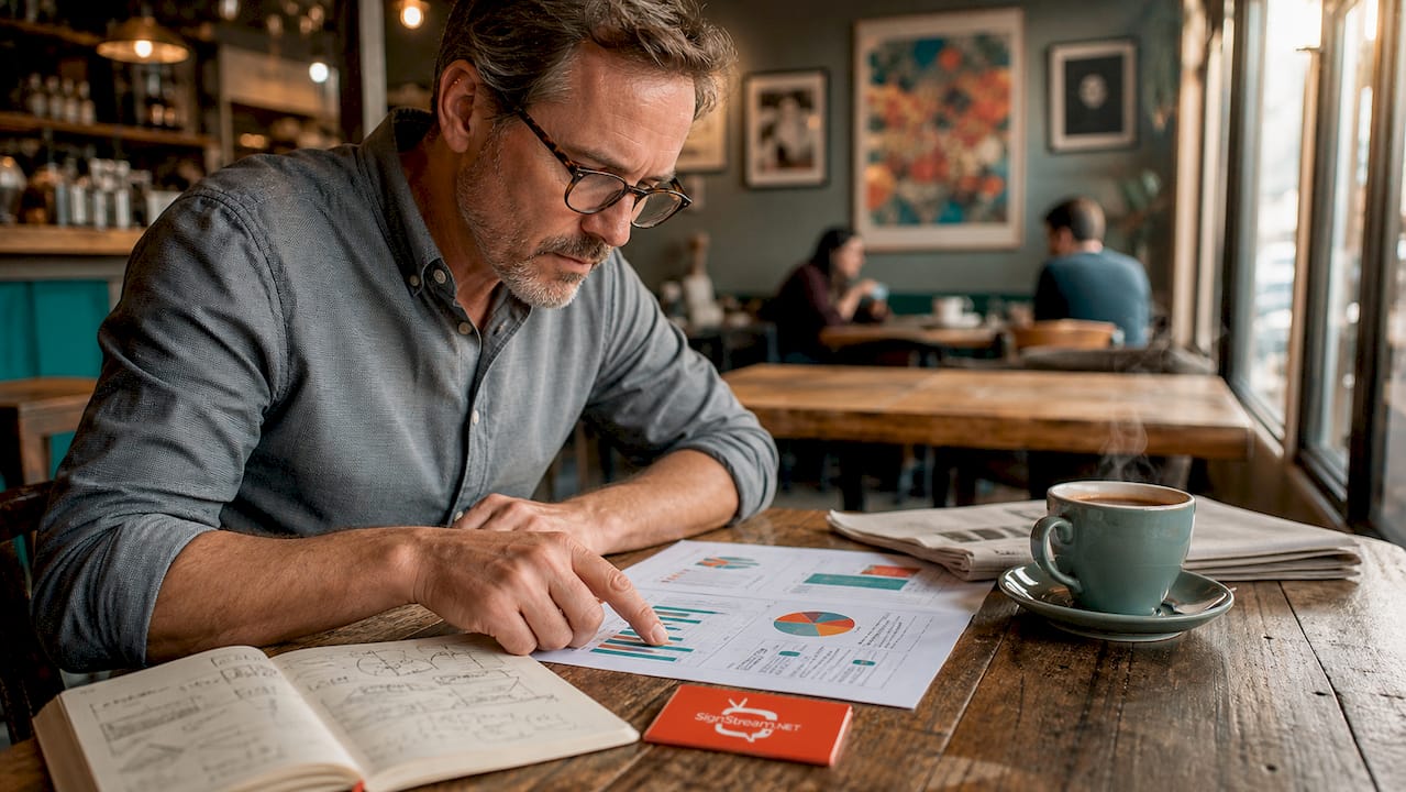 Data analyst reviewing printed tourism screen reports