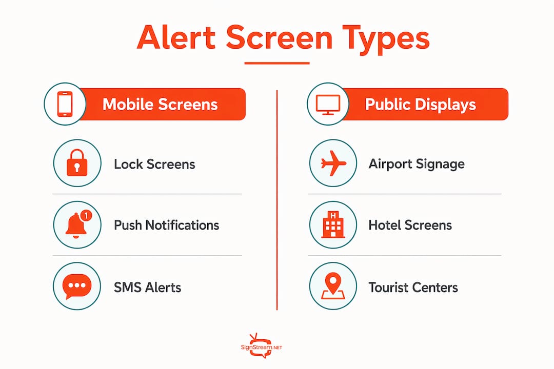 Infographic comparing mobile and public alert screen types