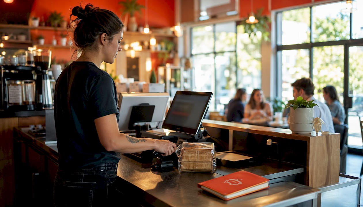 Cashier at convenience store checkout screen