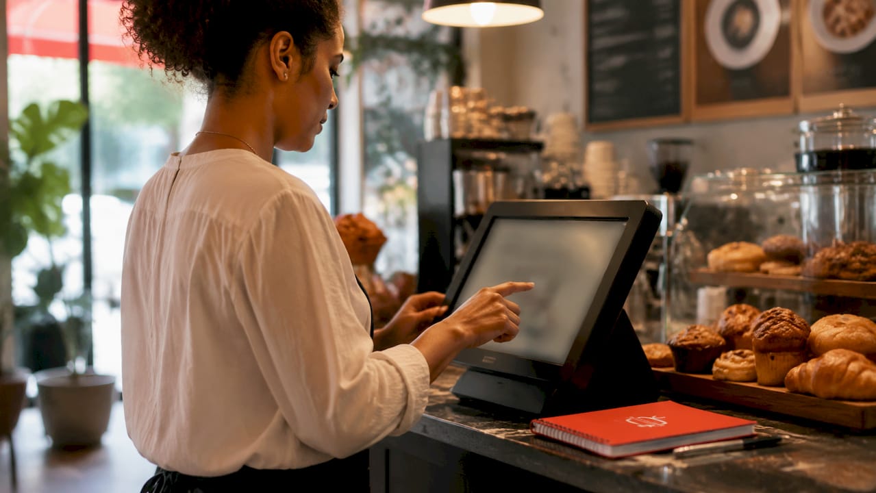 Hands interacting with POS touchscreen device