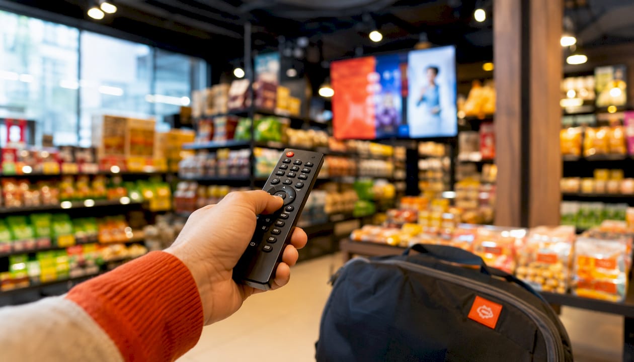 Hand holding remote near retail digital screen