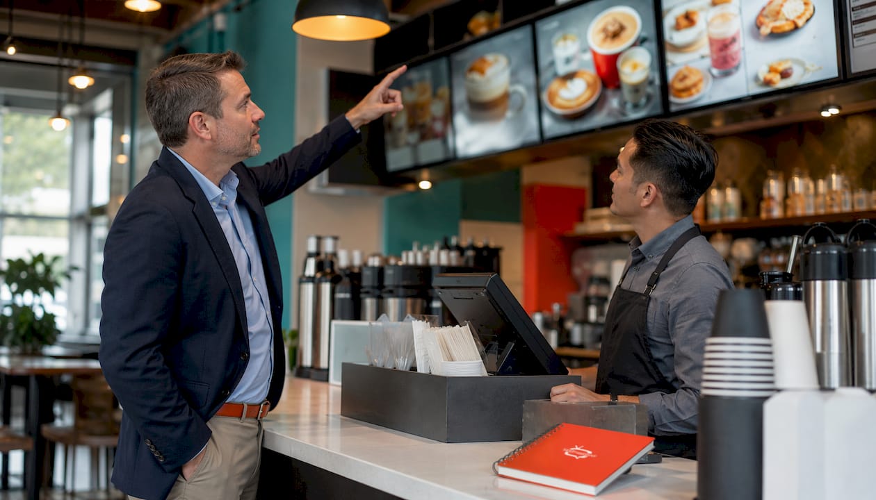 Customer viewing digital and printed menu boards at counter