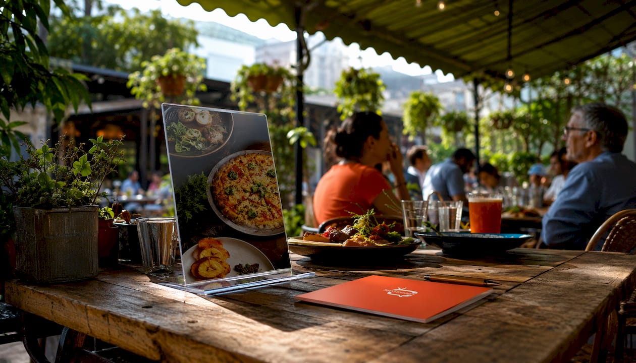 Casual restaurant table with acrylic promotional display