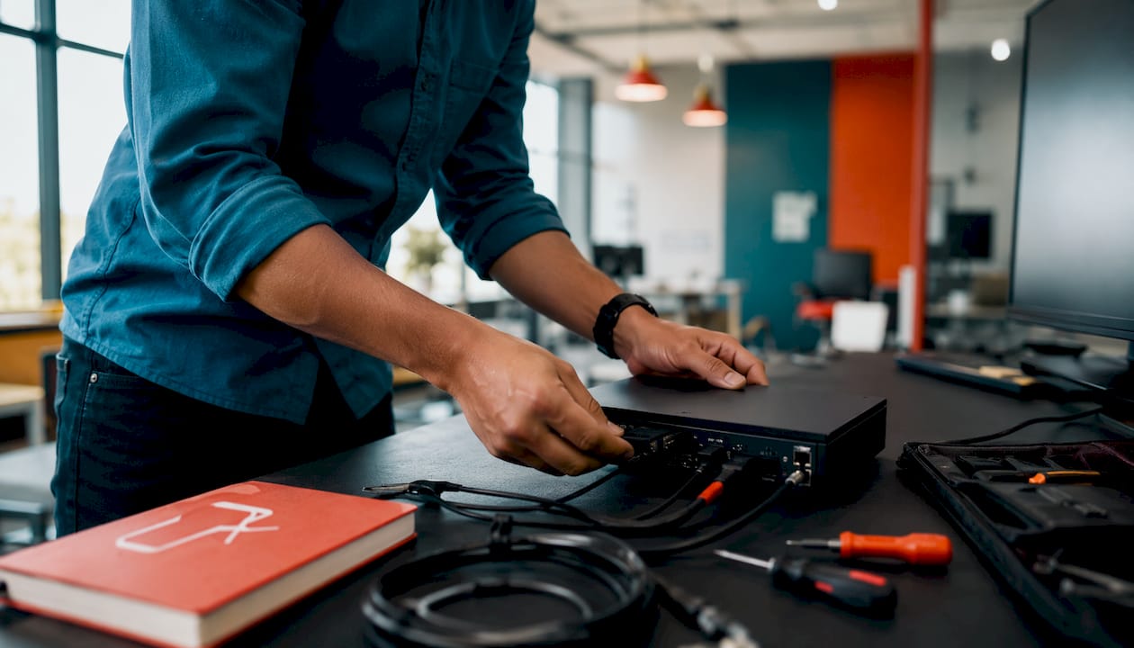 Technician setting up digital signage hardware