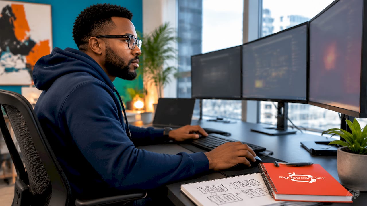 IT manager working with digital signage CMS