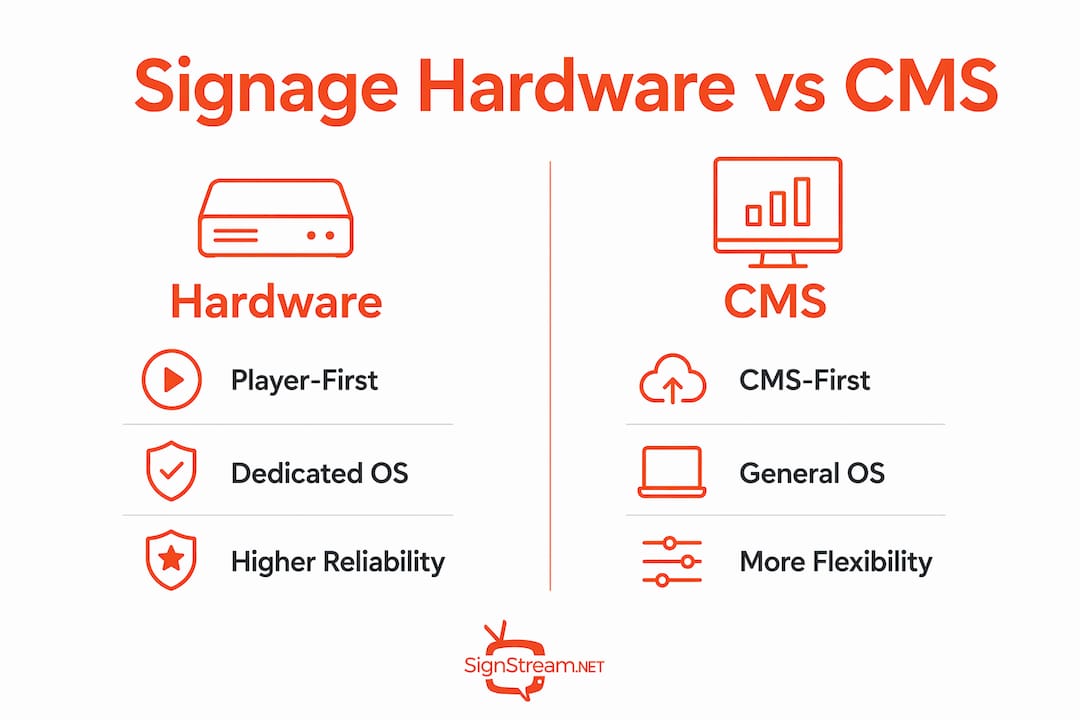 Infographic comparing signage hardware and CMS architectures