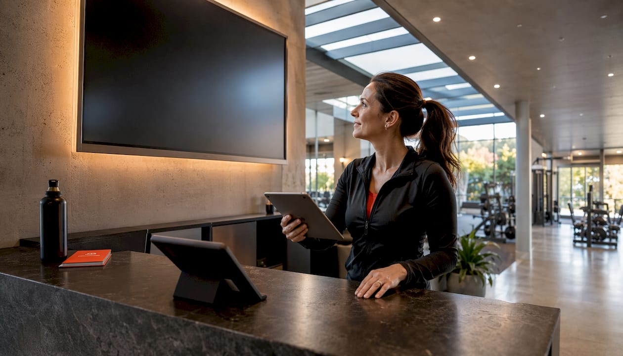 Gym manager using tablet near digital signage