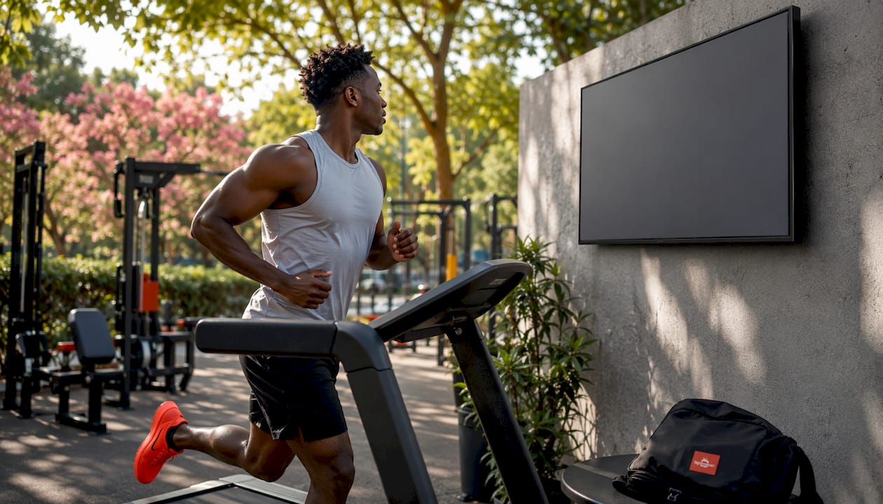 Gym member on treadmill glancing at digital screen