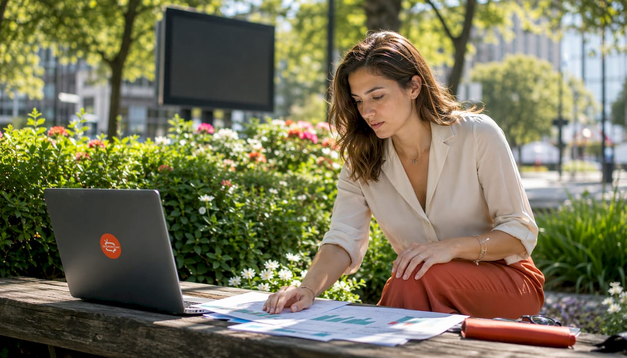 Franchise manager reviewing sales materials in office meeting room