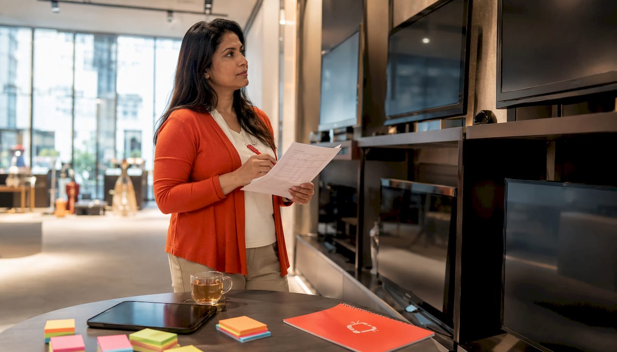 Retail manager reviewing digital screen content schedule