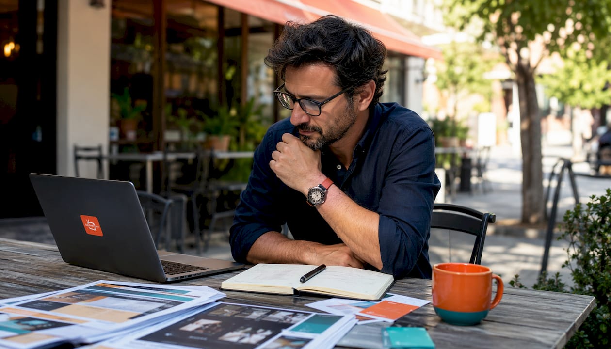 Business owner reviewing digital signage options