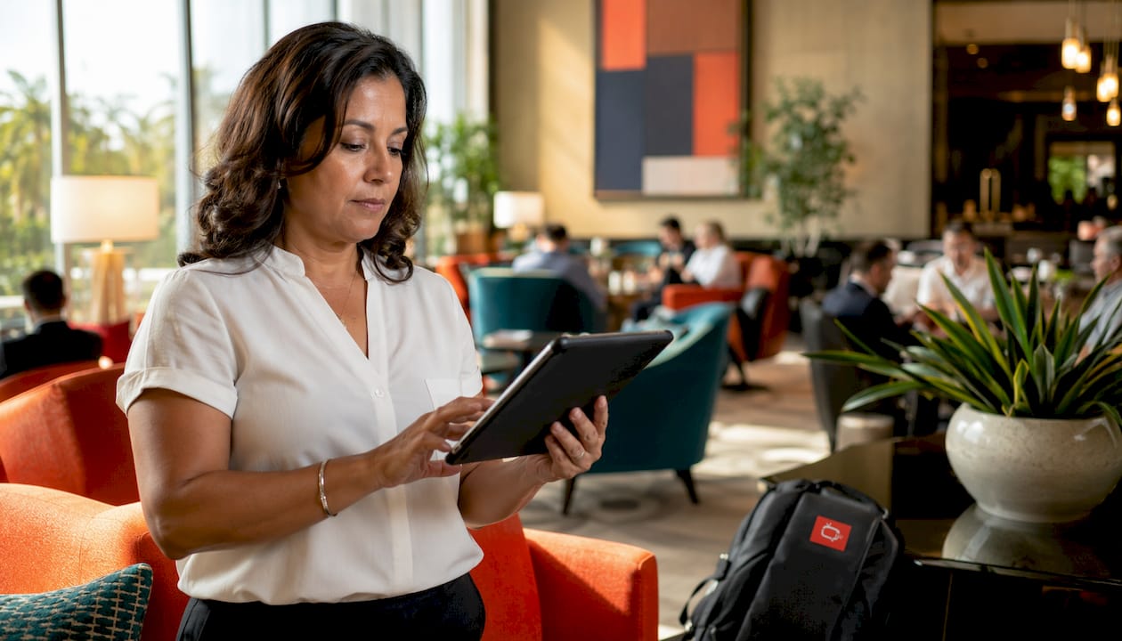 Hospitality manager reviewing event promotion content on tablet in lobby