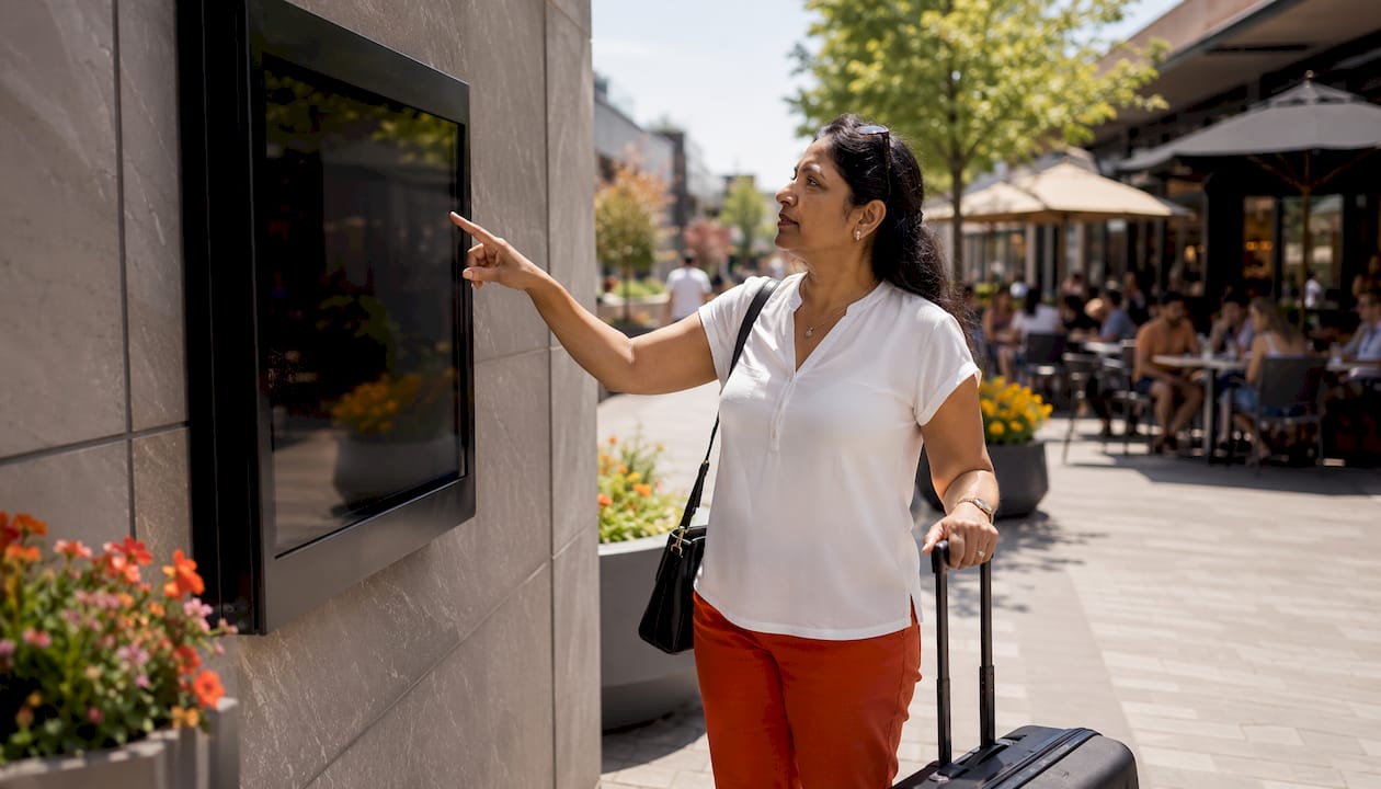 Traveler engaging with digital airport screen