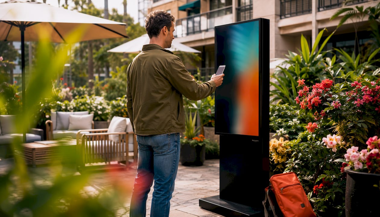 Guest interacting with hotel lobby promo screen
