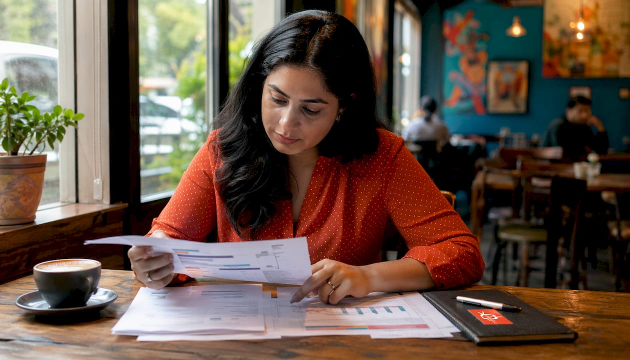 Businesswoman reviewing signage platform alternatives