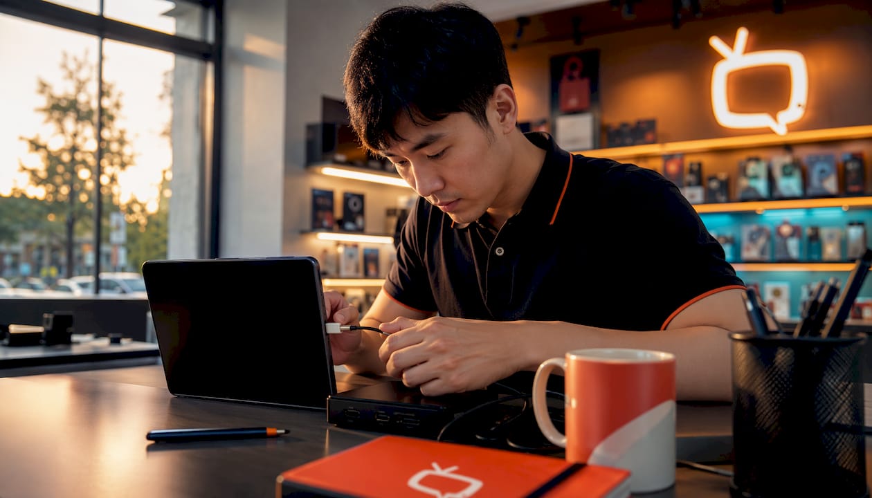 Retail manager configuring OptiSigns device