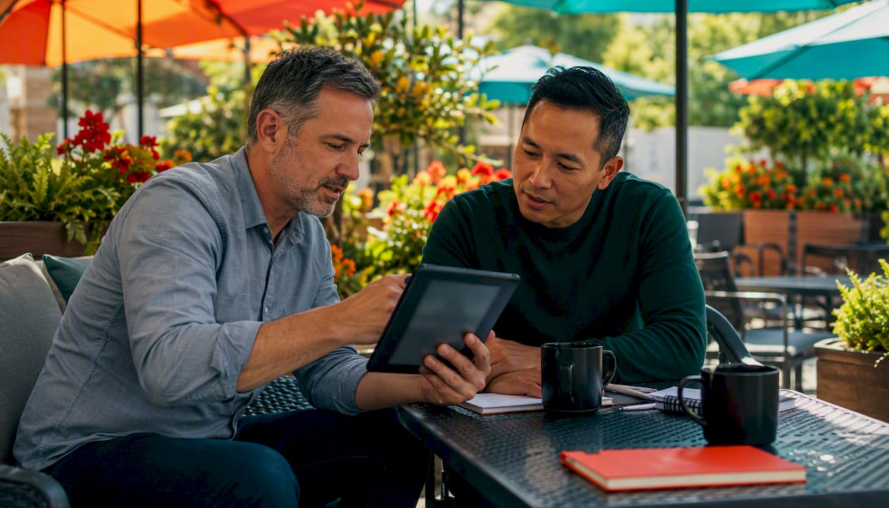 Two professionals comparing signage platforms