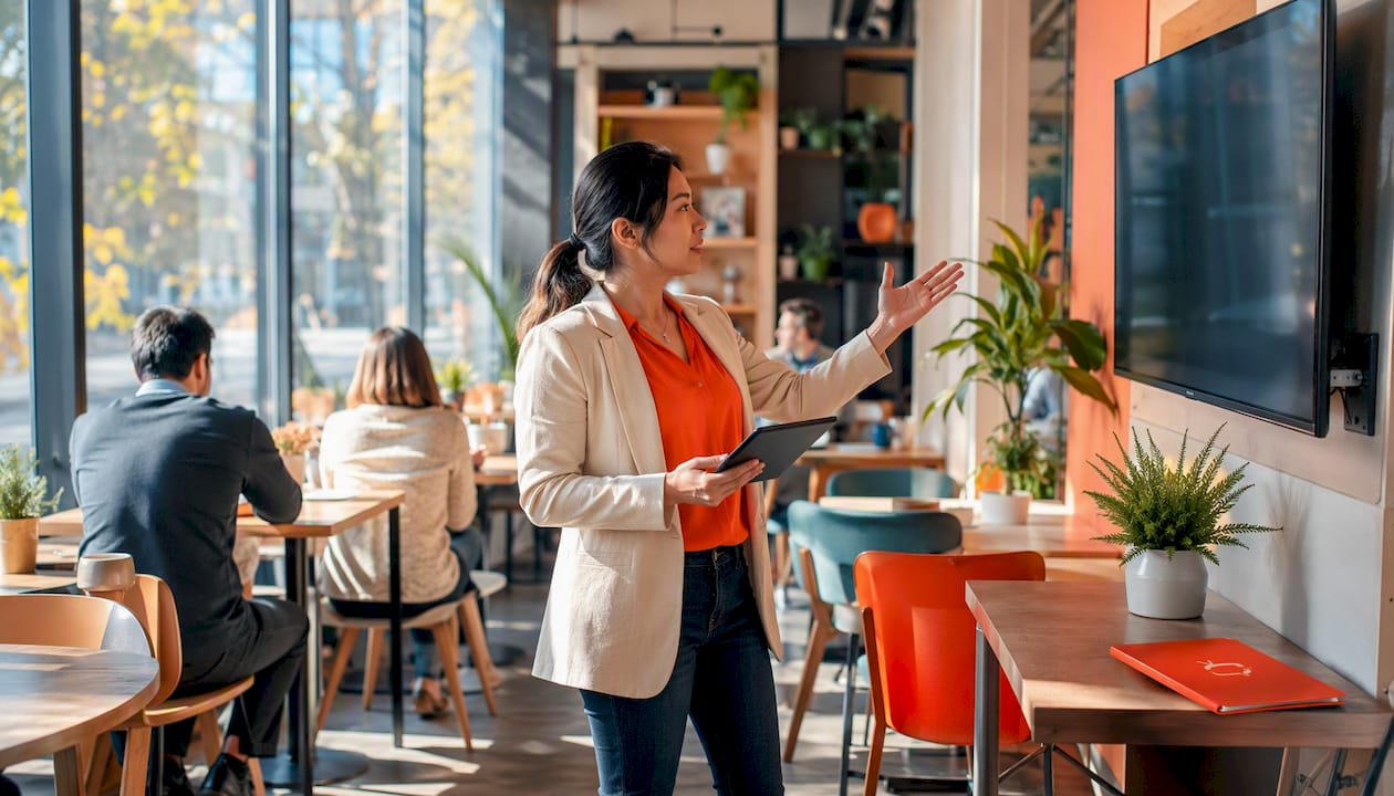 Woman interacting with digital signage in office