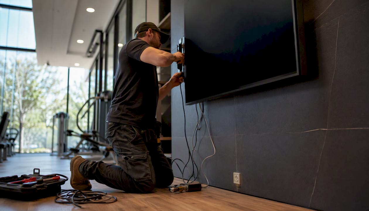 Technician installing digital signage display