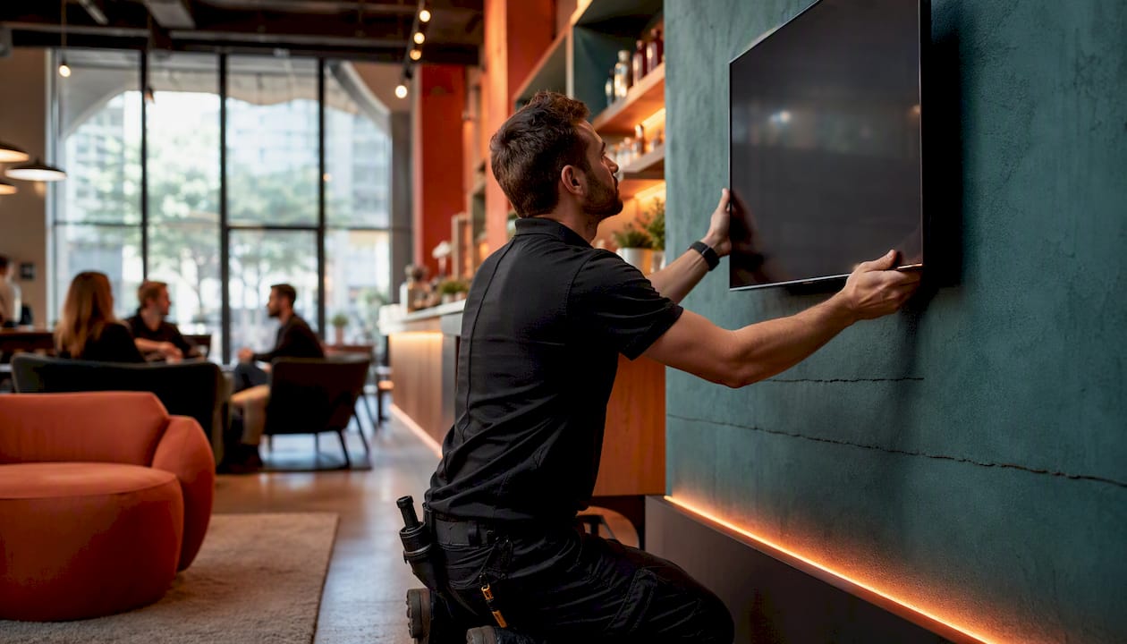 Technician mounting digital signage in restaurant