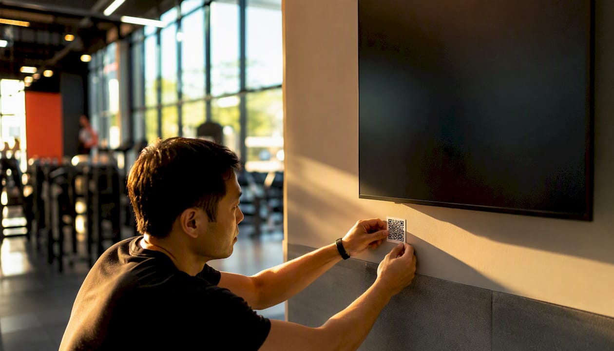 Hands adjusting QR code sticker on digital signage