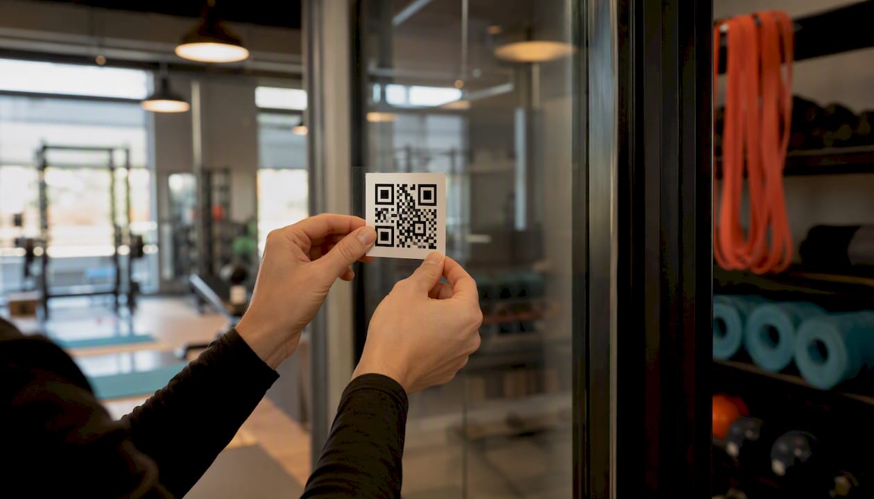 Hands placing QR code sticker in gym