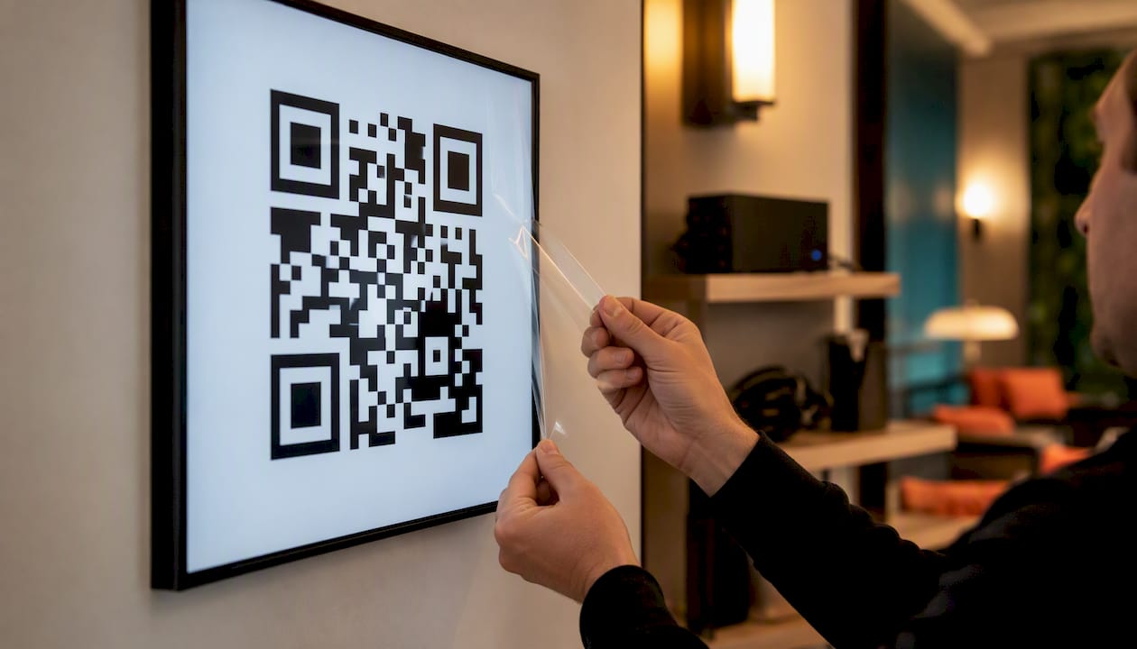 Hands peeling decal near QR code screen
