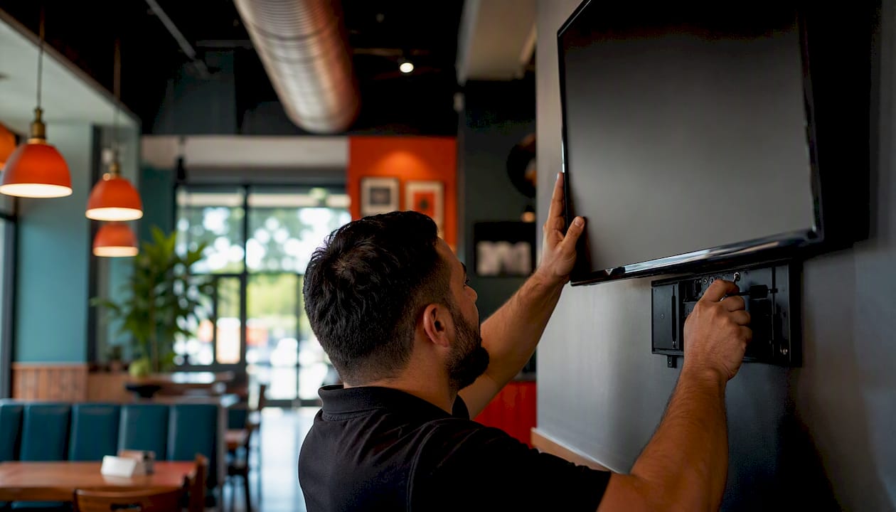 Hands installing digital menu board screen