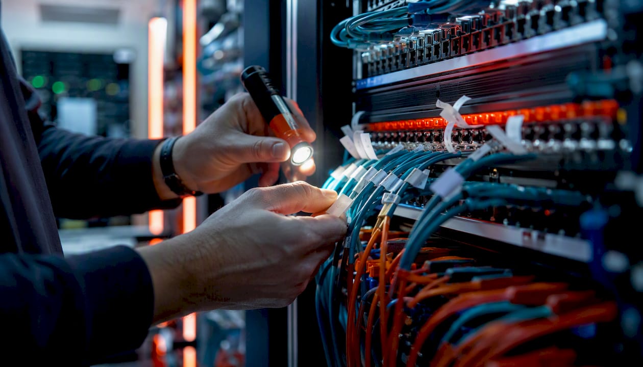 Hands inspecting network cables securely