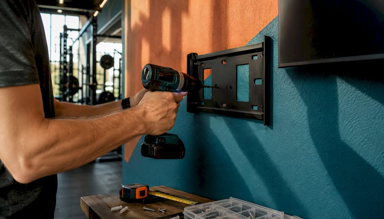 Technician securing digital display mount