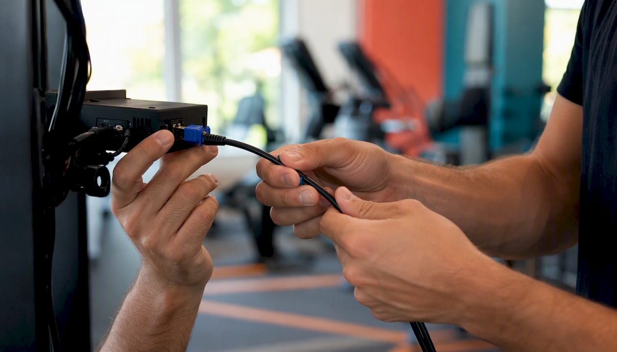 Hands connecting digital signage devices with cables