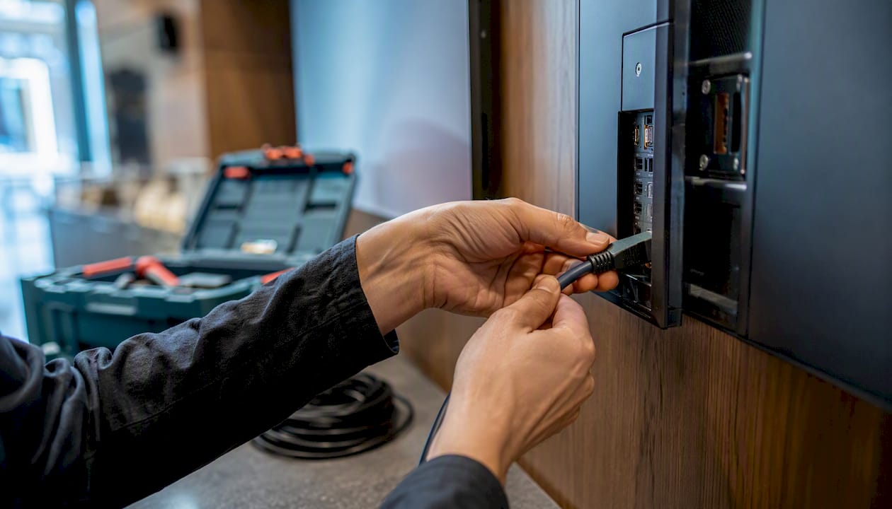 Hands connecting network cable to commercial display