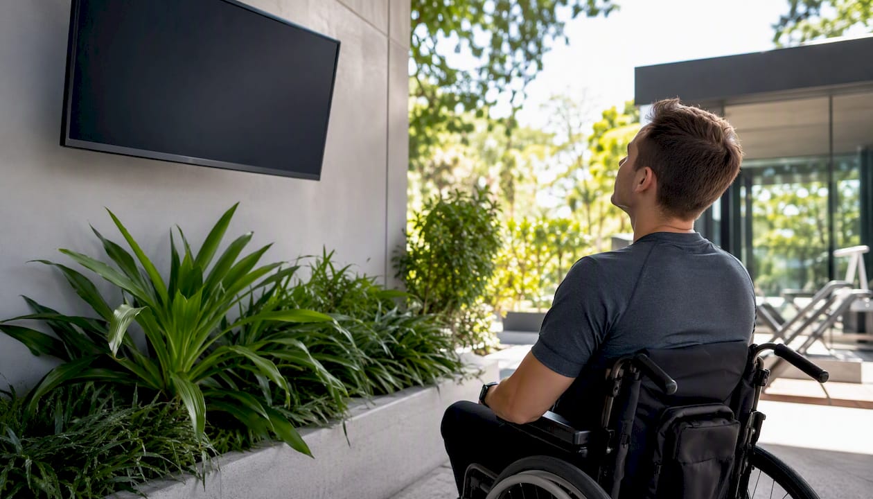 Wheelchair view toward tilted digital display with non-glare lighting