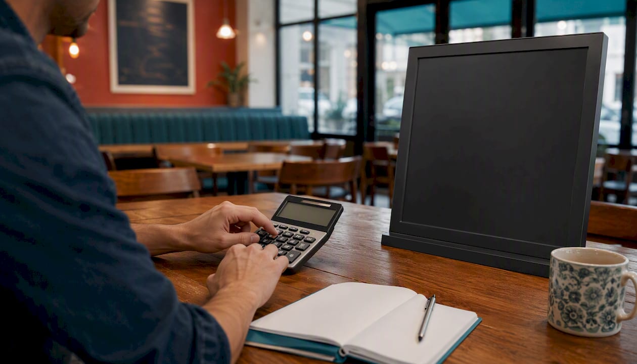 Hands calculating advertising costs next to dark screen