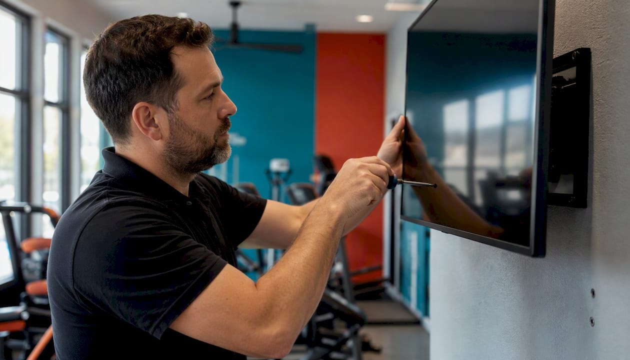 Technician mounting digital gym schedule display