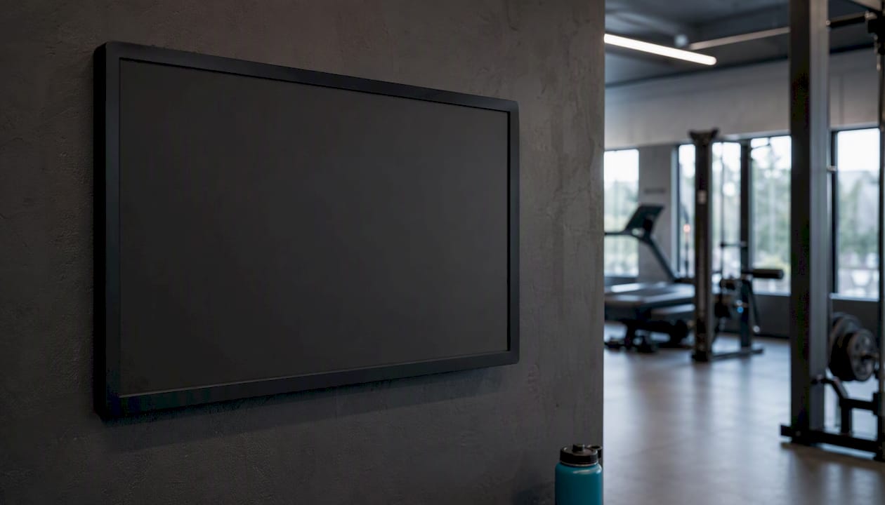 Close-up of gym studio schedule display wall