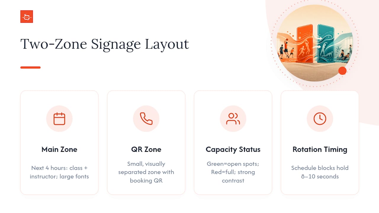 Diagram of two-zone gym schedule digital signage layout