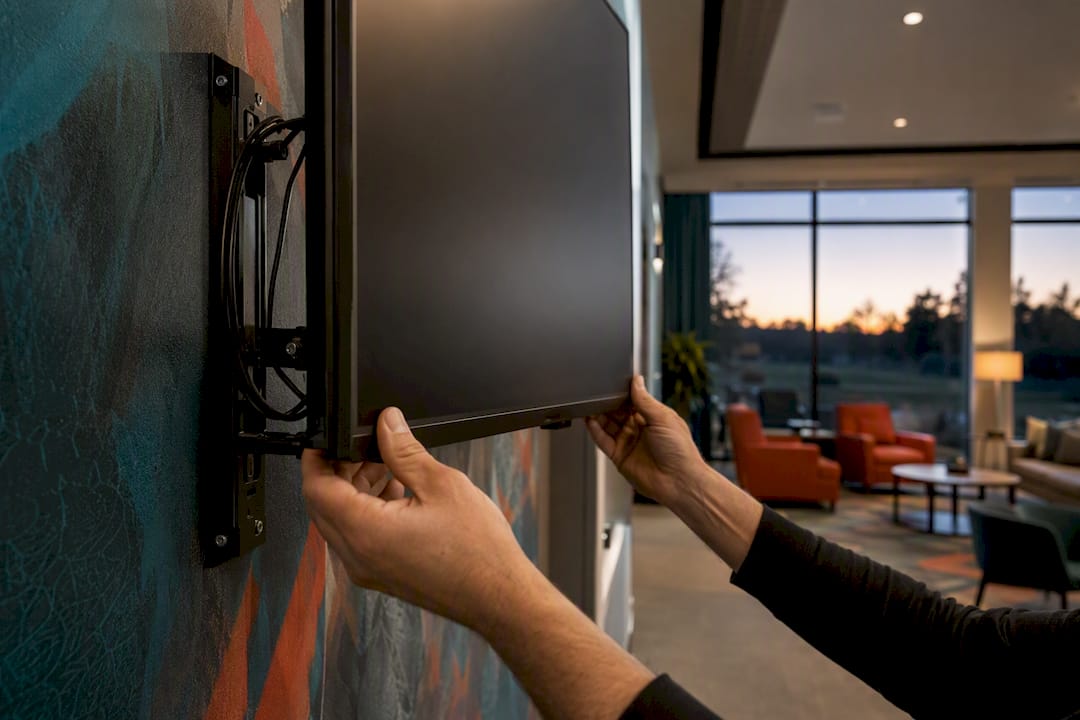 Technician adjusting digital signage screen