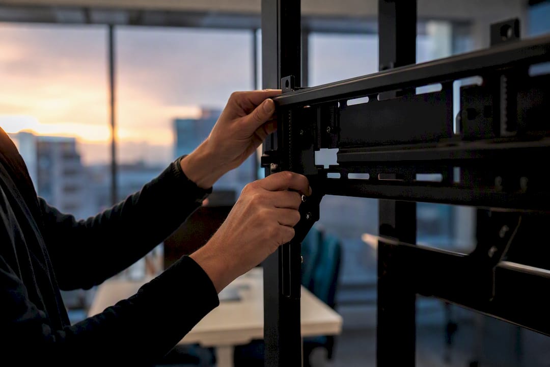 Hands adjusting digital signage mount