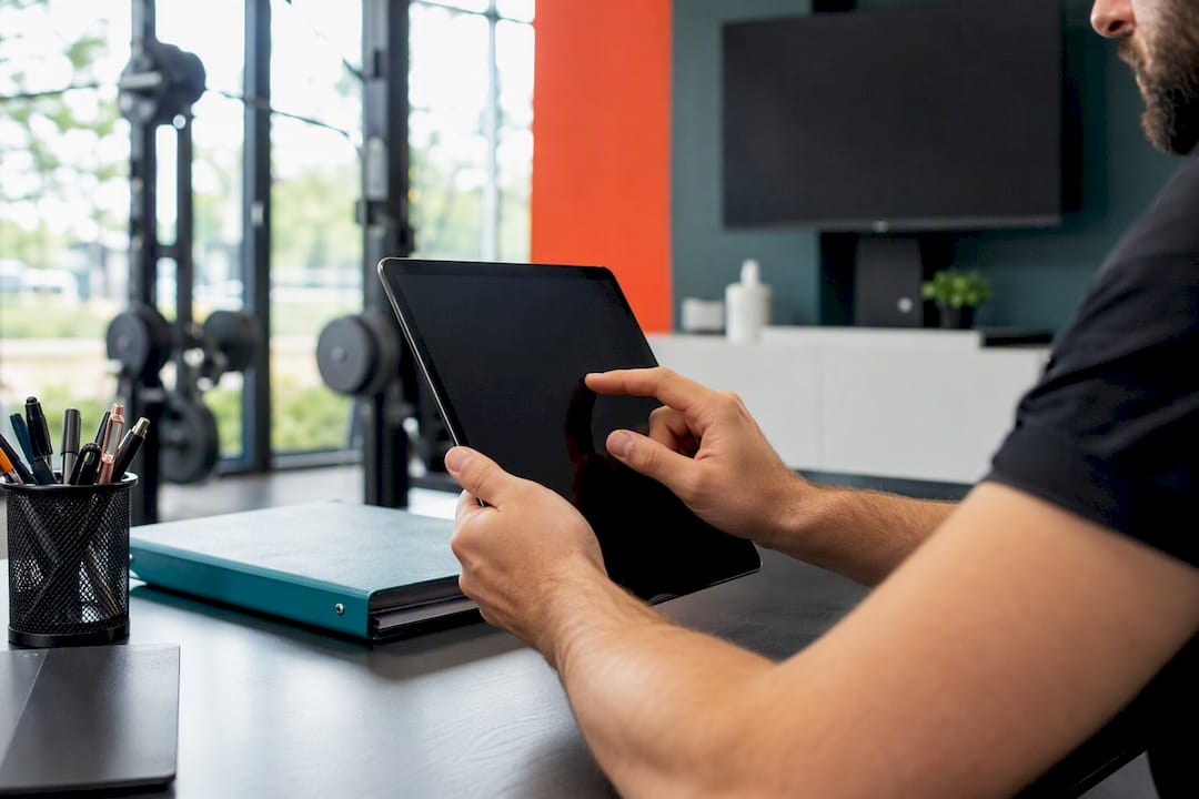 Hands preparing digital signage schedule with tablet