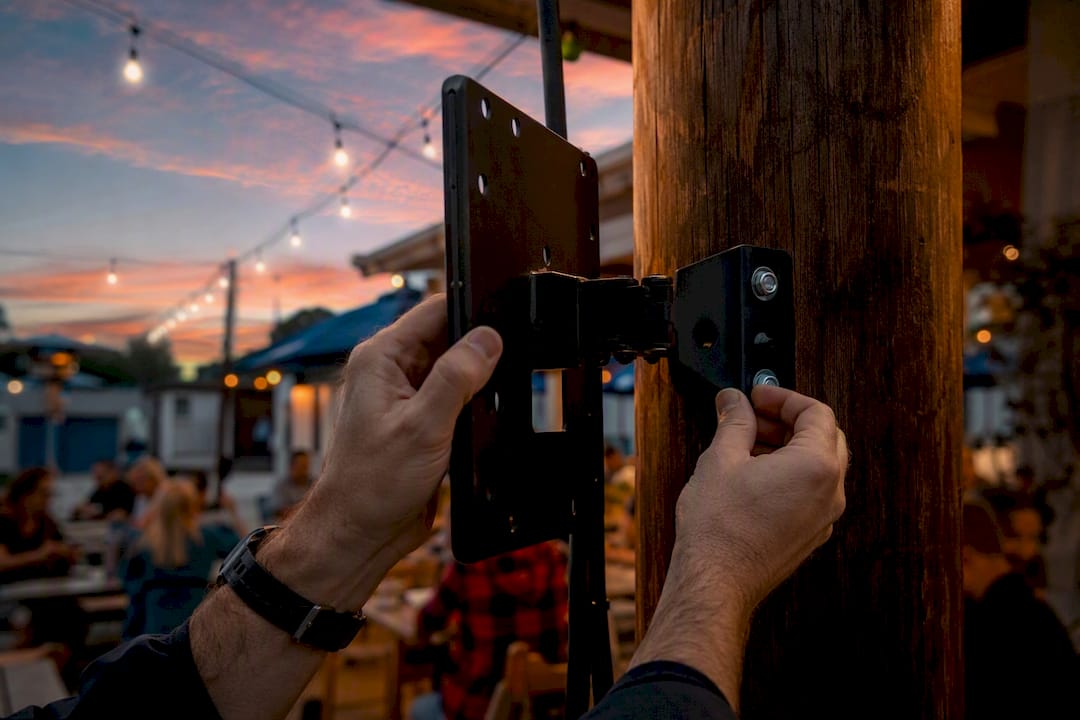 Hands installing outdoor digital sign bracket