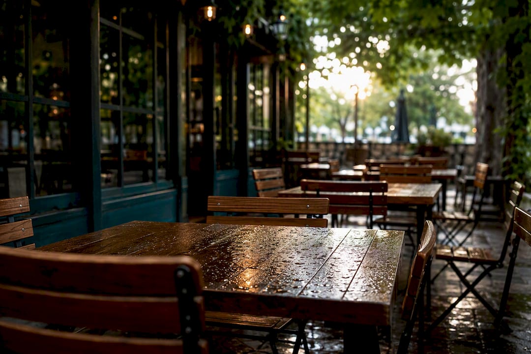 Rain falling on outdoor restaurant tables