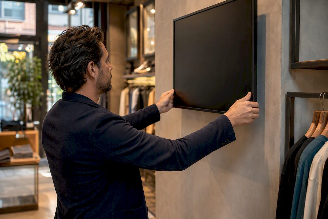 Hands adjusting digital retail signage screen