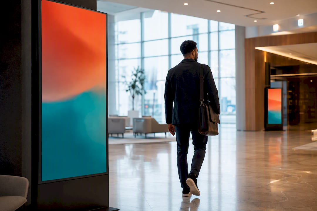 Visitor passing location-based signage zones