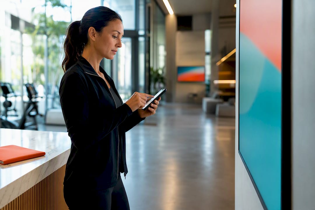 Manager updating cloud signage in fitness lobby