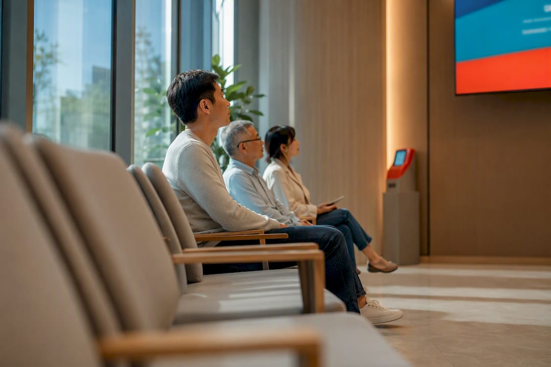 Visitors viewing a queue number display