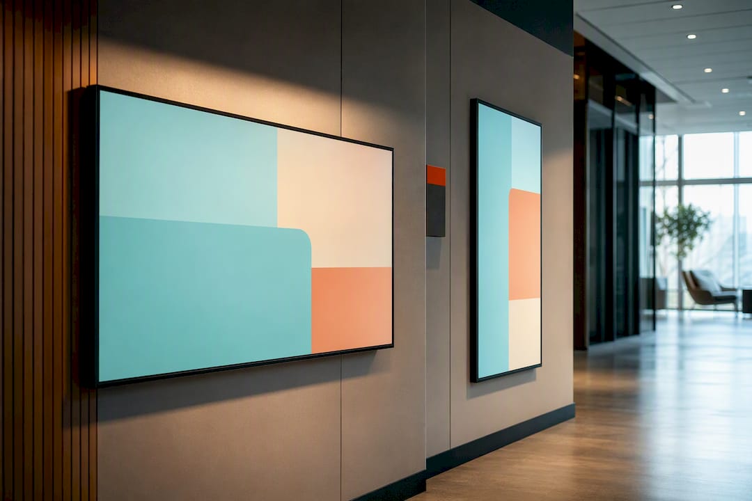 Digital signage panels showing structured layout zones